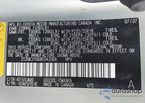 2008 Lexus Rx 350 from USA, damaged, VIN 2T2GK31U68C042066